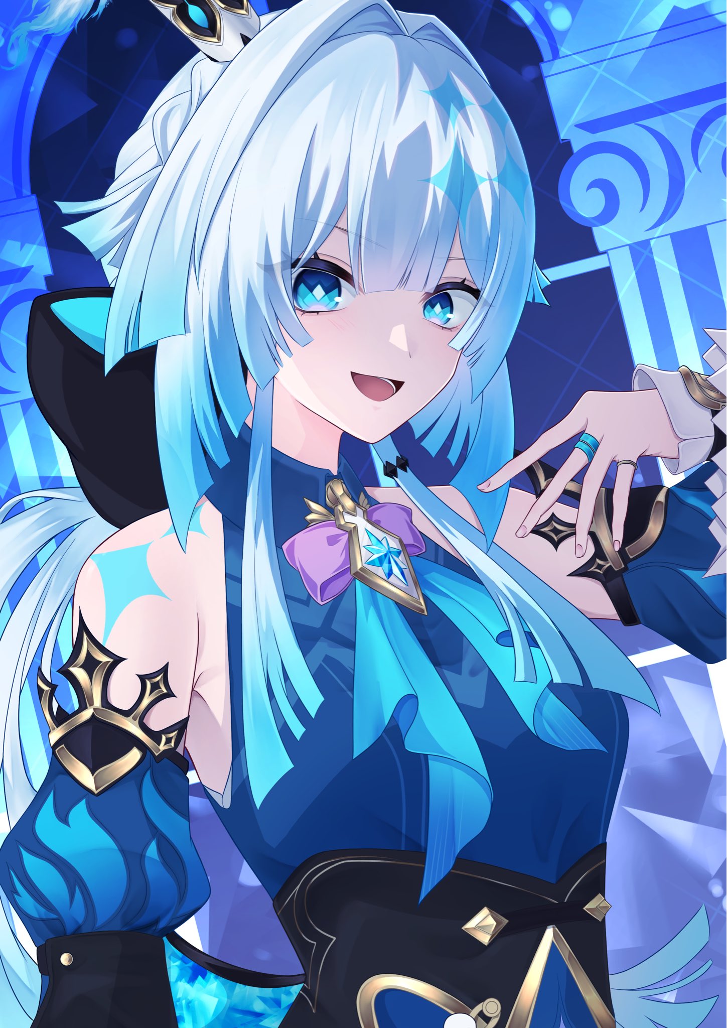 cerydra (honkai: star rail), honkai: star rail, honkai (series), highres, 1girl, :d, blue dress, blue eyes, blue hair, brooch, crown, detached sleeves, dress, gradient hair, hair intakes, jewelry, juliet sleeves, long hair, long sleeves, looking at viewer, mini crown, multicolored hair, open mouth, puffy sleeves, shoulder tattoo, sleeveless, sleeveless dress, smile, solo, tattoo, u7 u7u, upper body, white hair