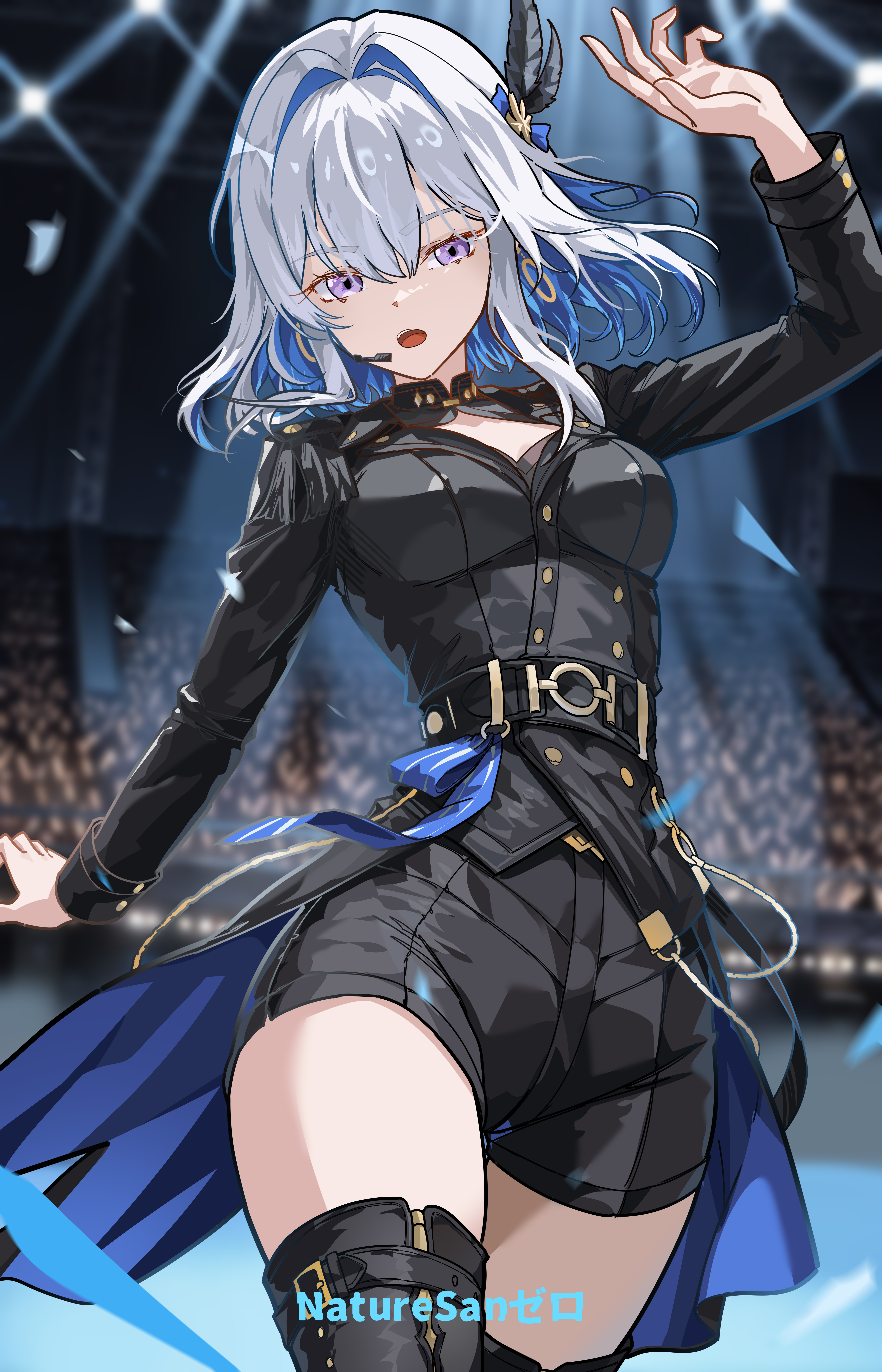 ryeon (naturesan), galbrena (wuthering waves), wuthering waves, absurdres, commentary, english commentary, highres, 1girl, alternate costume, arm up, artist name, black jacket, black shorts, blue hair, blurry, blurry background, breasts, coattails, colored inner hair, cowboy shot, earpiece, earrings, epaulettes, grey hair, hair intakes, hair ornament, idol, indoors, jacket, jewelry, long sleeves, looking at viewer, medium breasts, medium hair, multicolored hair, open mouth, purple eyes, shorts, solo, thighs