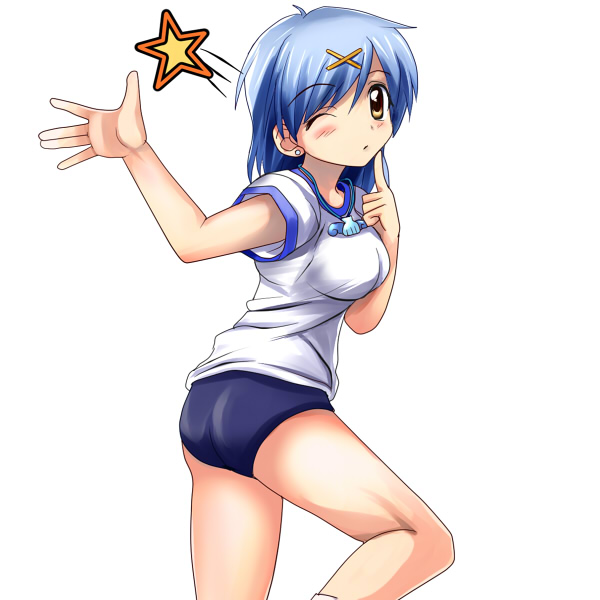 miru, houshou hanon, mermaid melody pichi pichi pitch, 00s, blue hair, brown eyes, buruma, gym uniform, hair ornament, hairclip, jewelry, necklace, one eye closed, short hair, solo, wink