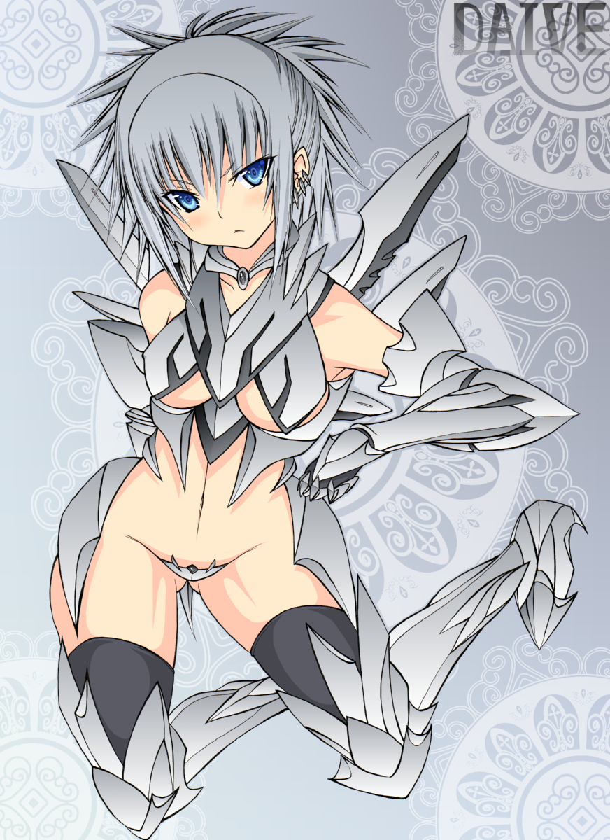 daive, bad id, bad pixiv id, highres, 1girl, android, angel, armor, blue eyes, blush, breasts, earrings, female focus, gauntlets, greaves, grey hair, jewelry, maebari, revealing clothes, short hair, solo, thighhighs, underboob, wings