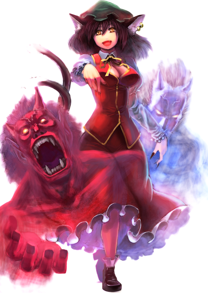 takeda kanryuusai, chen, touhou, bad id, bad pixiv id, 1girl, aged up, alternate hairstyle, animal ears, breasts, brown eyes, brown hair, cat ears, claws, cleavage, cleavage cutout, clothing cutout, demon, earrings, fang, fangs, female focus, fingernails, frills, hat, jewelry, large breasts, long fingernails, long hair, monster, nail (hardware), oni, solo, yellow eyes