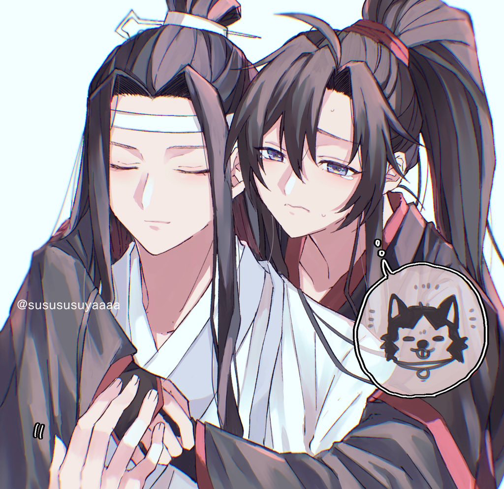 lan wangji, wei wuxian, modao zushi, 2boys, ahoge, bishounen, black hair, black hanfu, blush, chinese clothes, closed eyes, closed mouth, crying, crying with eyes open, dog, hair ribbon, hanfu, headband, high ponytail, hug, hug from behind, long hair, long sleeves, male focus, multiple boys, ponytail, purple eyes, red ribbon, ribbon, robe, sidelocks, simple background, sleeves past wrists, speech bubble, sweat, tears, thought bubble, topknot, twitter username, upper body, white background, white hanfu, white headband, wide sleeves, xiao guan (headdress), yaichi00, yaoi