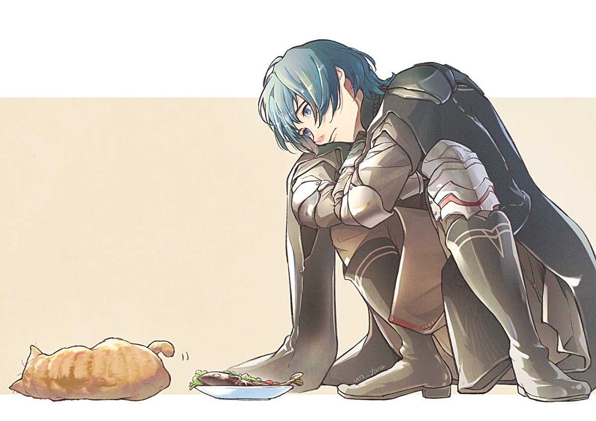 un faro, male byleth (fire emblem), fire emblem, fire emblem: three houses, nintendo, commentary request, 1boy, animal, armor, black armor, black boots, black cape, blue eyes, blue hair, boots, cape, cat, closed mouth, food, head tilt, looking at another, male focus, orange cat, short hair