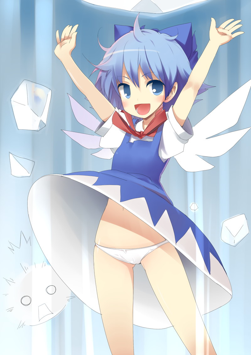 doriruman, cirno, embodiment of scarlet devil, touhou, 1girl, blue eyes, blue hair, blush, clothes lift, dress, dress lift, female focus, gradient background, legs, matching hair/eyes, panties, pantyshot, short hair, skirt, skirt lift, solo, underwear, white panties, wind, wind lift, wings