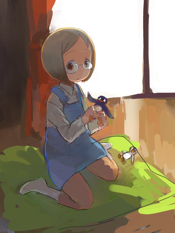 asasow, pinga (pingu), pingu, sakuragi matsuri, ichigo mashimaro, pingu (series), bad id, bad pixiv id, bird, brown eyes, brown hair, child, glasses, kneeling, penguin, short hair, socks, solo, stuffed animal, stuffed toy