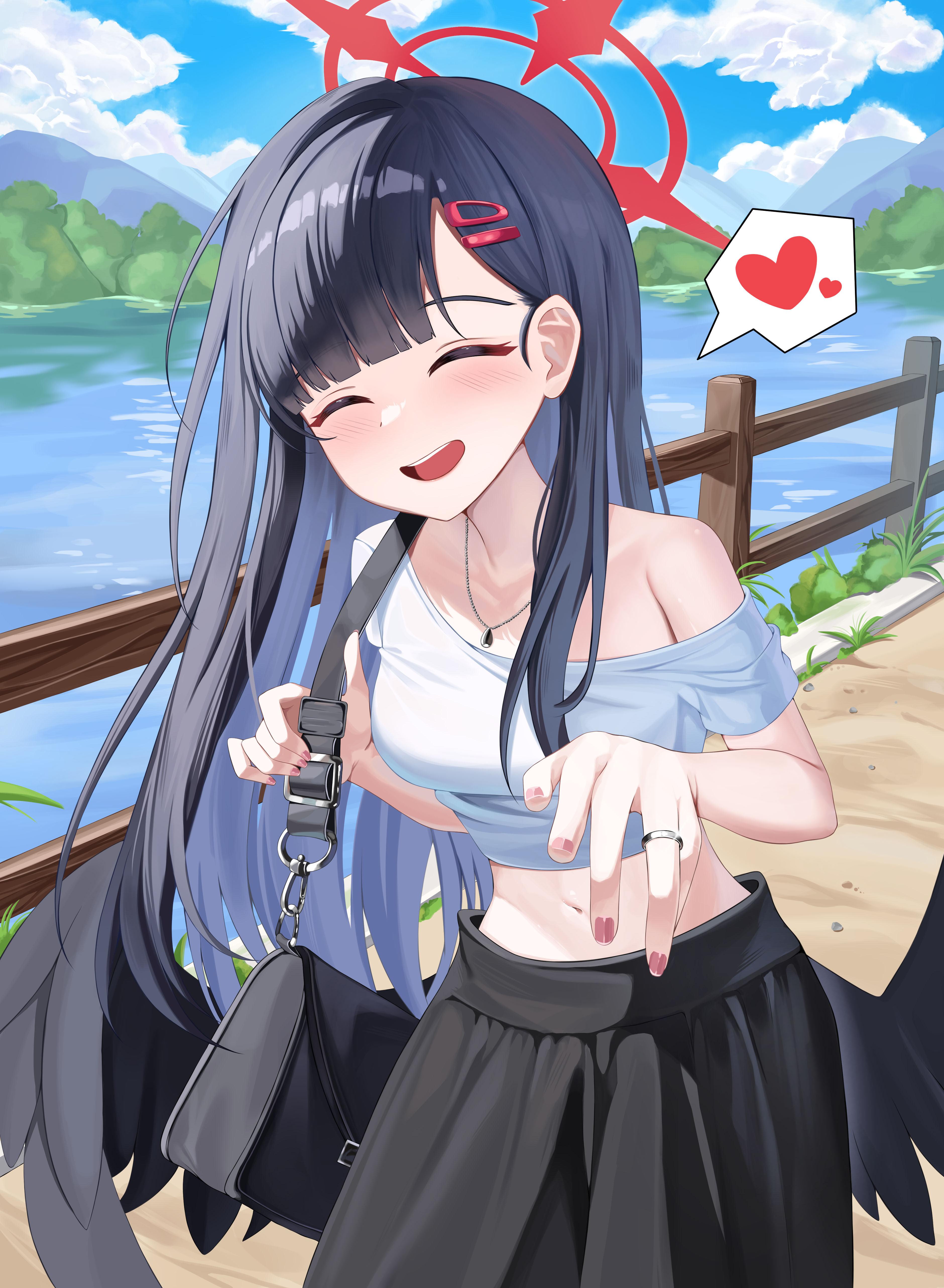 chanpower233, ichika (blue archive), blue archive, absurdres, highres, 1girl, alternate costume, bag, black bag, black skirt, black wings, blush, breasts, closed eyes, feathered wings, hair behind ear, hair ornament, hairclip, halo, holding, holding bag, jewelry, long hair, looking at viewer, necklace, open mouth, pink nails, red halo, short sleeves, single bare shoulder, skirt, solo, wings