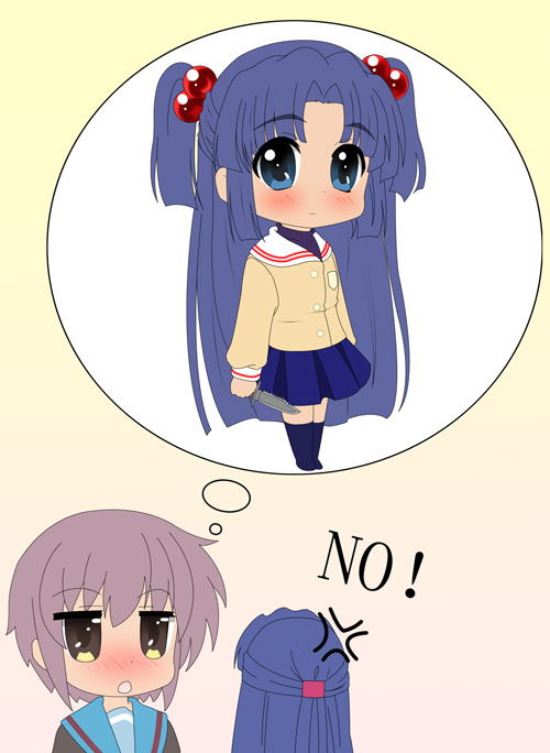 prinz luzifer, achakura, asakura ryoko, ichinose kotomi, nagato yuki, clannad, kyoto animation, suzumiya haruhi-chan no yuuutsu, suzumiya haruhi no yuuutsu, silver hair, bad id, bad pixiv id, 2girls, alternate hairstyle, blue eyes, blue hair, blush, cardigan, chibi, company connection, cosplay, english text, hair bobbles, hair ornament, ichinose kotomi (cosplay), imagining, knife, long hair, multiple girls, parody, school uniform, serafuku, short hair, twintails, two side up