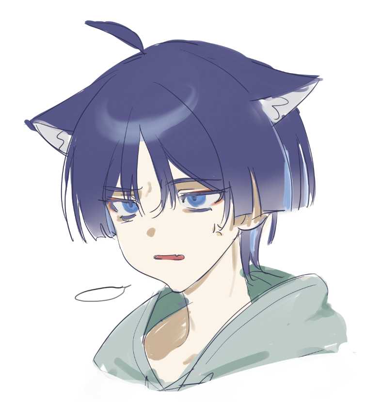 hldaisuki, scaramouche (genshin impact), genshin impact, 1boy, ahoge, alternate costume, anger vein, animal ear fluff, animal ears, annoyed, aqua collar, black hair, blue eyes, blunt ends, casual, cat boy, cat ears, collar, contemporary, cropped head, eyeliner, eyeshadow, fang, kemonomimi mode, looking to the side, makeup, male focus, open mouth, red eyeliner, red eyeshadow, sketch, skin fang, solo, tsurime, white background, wispy bangs