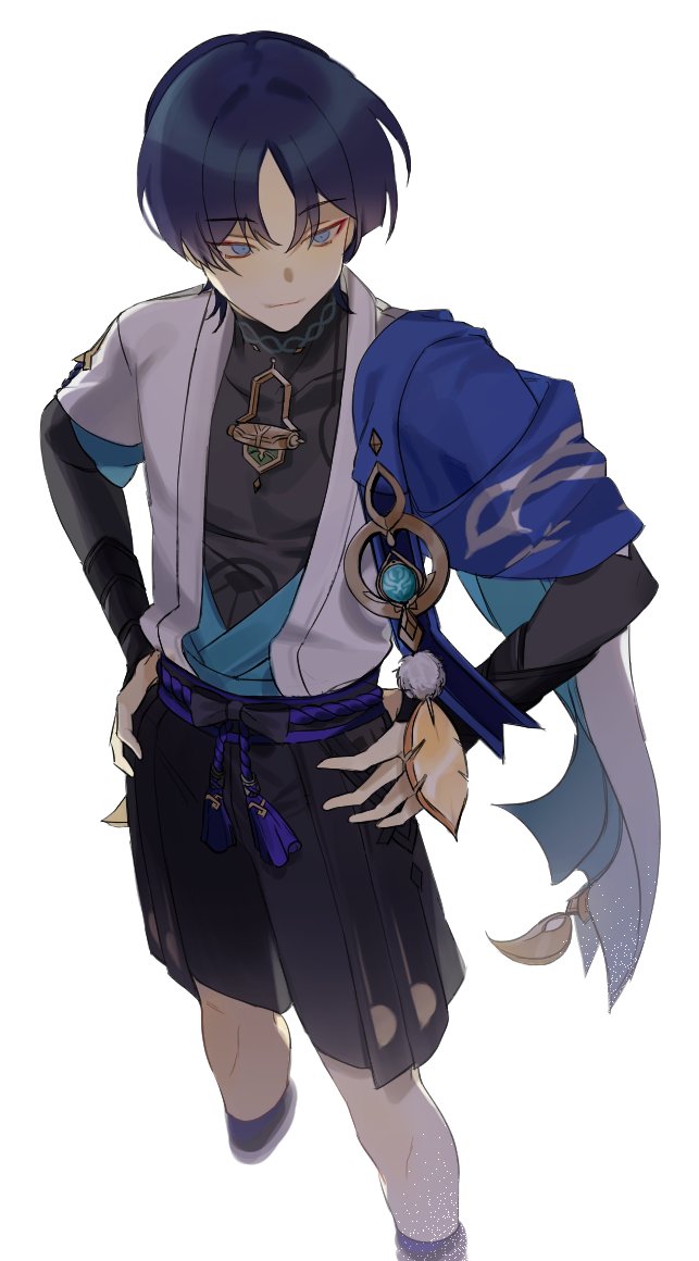 hldaisuki, scaramouche (genshin impact), wanderer (genshin impact), genshin impact, 1boy, anemo symbol (genshin impact), armor, belt, black belt, black bodysuit, black bow, black bridal gauntlets, black hair, blue cape, blue kimono, blue sleeves, blunt ends, bodysuit, bow, bridal gauntlets, cape, closed mouth, constricted pupils, contrapposto, covered collarbone, cropped legs, eyeliner, eyeshadow, feathers, full body, furisode, gold, grey eyes, hands on own hips, japanese armor, japanese clothes, juban, kimono, kote, kurokote, layered sleeves, looking to the side, makeup, male focus, open clothes, open kimono, pom pom (clothes), purple rope, purple sash, red eyeliner, red eyeshadow, rope, sash, short sleeves, smile, solo, tassel, tsurime, vision (genshin impact), white background, white kimono, white sleeves, white trim, yellow feathers