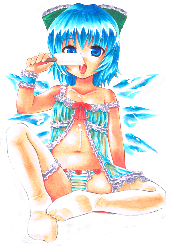 kidanieru, cirno, touhou, bad id, bad pixiv id, marker (medium), traditional media, 1girl, babydoll, blue eyes, blue hair, bow, feet, female focus, flat chest, food, full body, hair bow, lingerie, matching hair/eyes, panties, popsicle, short hair, solo, striped clothes, striped panties, thighhighs, underwear, white background, wings, wrist cuffs