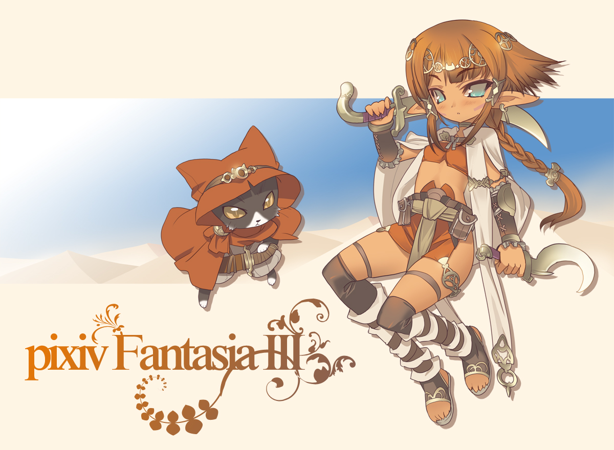 blade (galaxist), pixiv fantasia, pixiv fantasia 3, bad id, bad pixiv id, blue eyes, blush, braid, brown hair, cat, chibikemo, earrings, flat chest, jewelry, kneehighs, knife, long hair, pointy ears, sickle, socks, solo, thighhighs