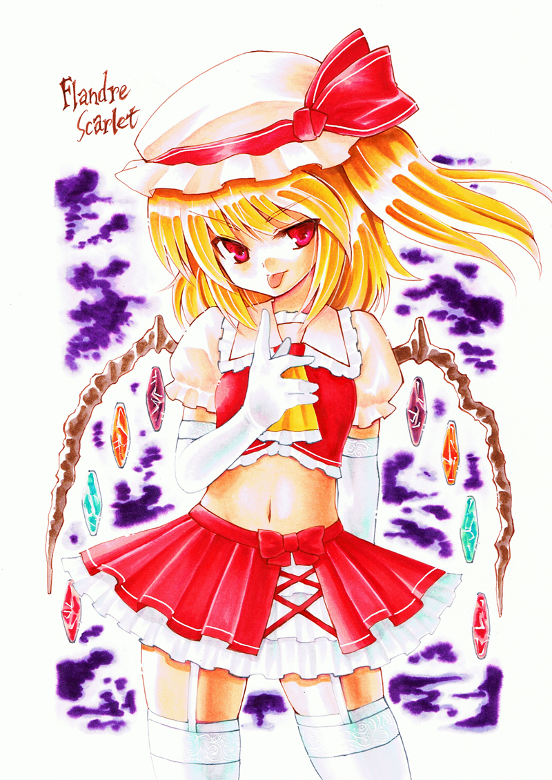 kidanieru, flandre scarlet, touhou, bad id, bad pixiv id, marker (medium), traditional media, 1girl, blonde hair, elbow gloves, female focus, gloves, hat, navel, red eyes, short hair, solo, standing, thighhighs, white background, wings