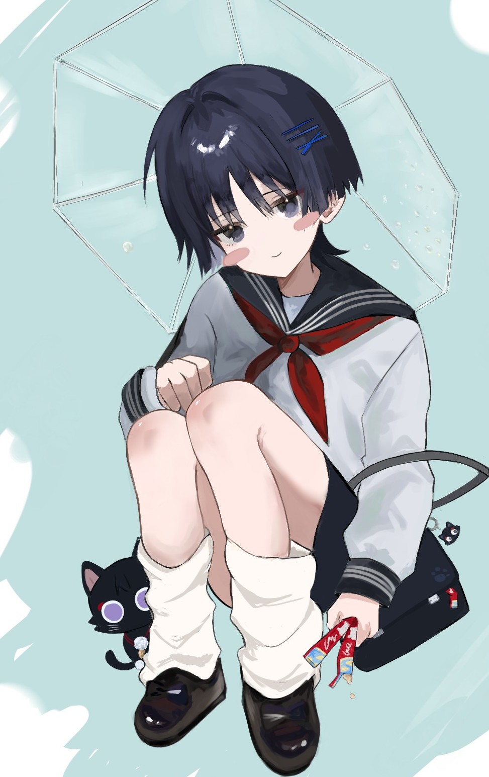 t112, scaramouche (cat) (genshin impact), scaramouche (genshin impact), genshin impact, highres, 1boy, alternate costume, animalization, arm at side, bag, black bag, black cat, black hair, black sailor collar, black skirt, blunt ends, blush stickers, brown shoes, cat, closed mouth, contemporary, crossdressing, crossdressing (mtf), feathers, grey hair, hair intakes, hair ornament, hairclip, hand up, holding, holding umbrella, long sleeves, looking at viewer, loose socks, male focus, neckerchief, person and animalization, pom pom (clothes), red neckerchief, sailor collar, school uniform, serafuku, shoes, shoulder bag, sitting, skirt, smile, socks, solo, transparent, transparent umbrella, umbrella, white serafuku, white sleeves, white socks, wispy bangs, yellow feathers