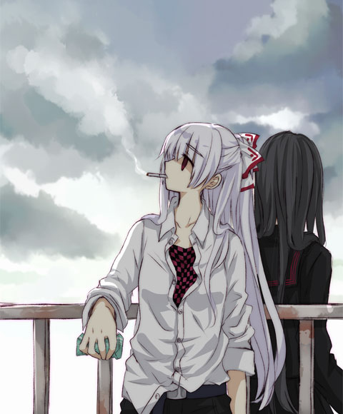 yatosaki haru, fujiwara no mokou, houraisan kaguya, touhou, bad id, bad pixiv id, 2girls, alternate costume, back, belt, black hair, casual, cigarette, cloud, contemporary, female focus, flat chest, hair ribbon, long hair, multiple girls, open clothes, open shirt, railing, red eyes, ribbon, school uniform, shirt, sleeves rolled up, smoke, smoking, white hair