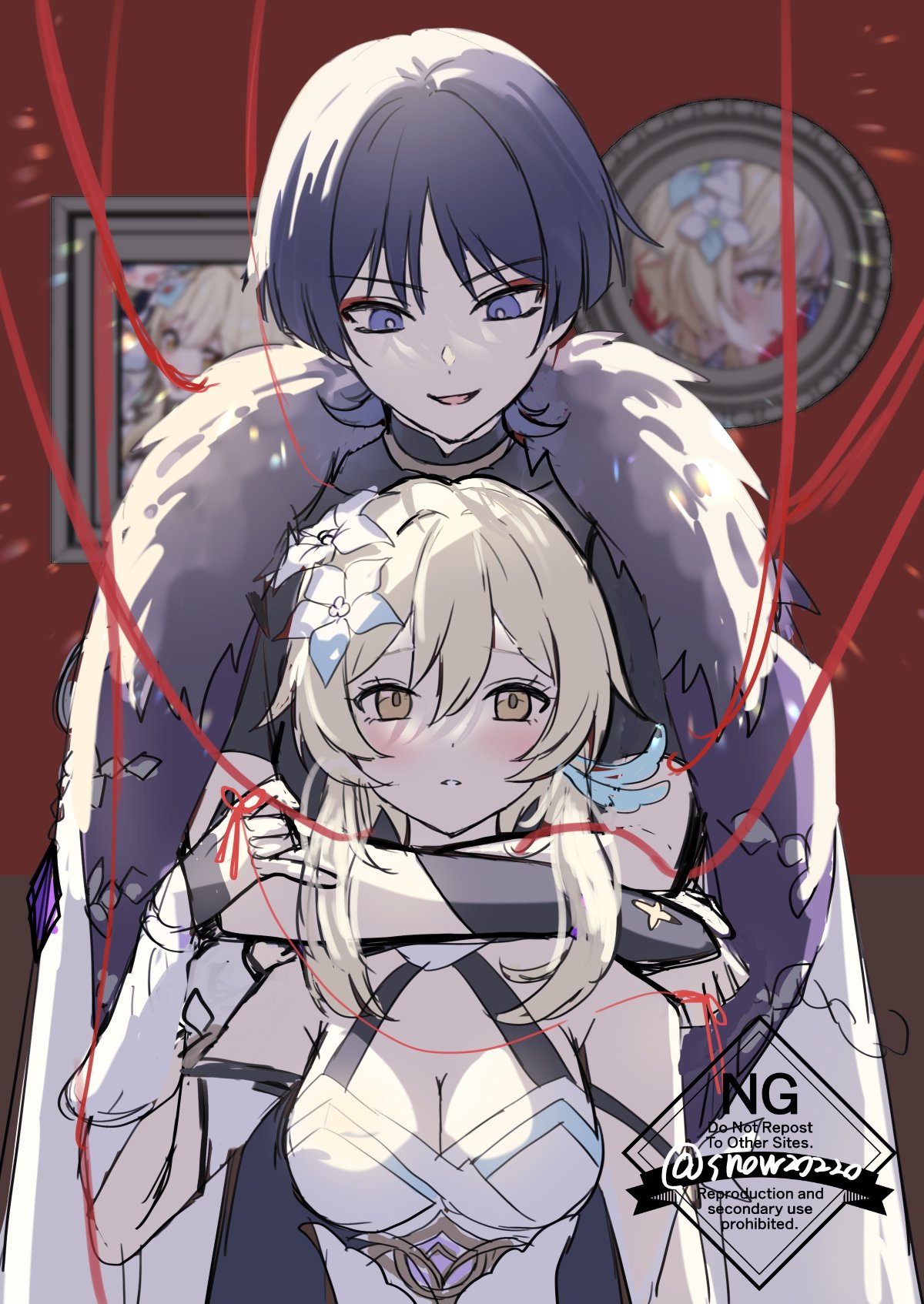 snow20200, lumine (genshin impact), scaramouche (genshin impact), genshin impact, highres, unfinished, 1boy, 1girl, arm cutout, armor, armpit crease, bare shoulders, behind another, black bodysuit, black hair, black sleeves, blonde hair, blue feathers, blunt ends, bodysuit, breasts, character print, clothing cutout, coat, detached sleeves, dress, eyelashes, eyeliner, eyeshadow, fatui coat, feather hair ornament, feathers, flower, fur-trimmed coat, fur collar, fur trim, gem, gold, hair between eyes, hair flower, hair ornament, halterneck, hand up, hug, hug from behind, japanese armor, jewelry, kote, kurokote, large breasts, looking at another, makeup, mandarin collar, neck ring, open clothes, open coat, open mouth, picture frame, purple eyes, purple gemstone, red background, red eyeliner, red eyeshadow, short hair, short hair with long locks, short sleeves, sidelocks, sketch, tsurime, vambraces, watermark, white coat, white dress, white mouth, white sleeves, wispy bangs, yellow eyes