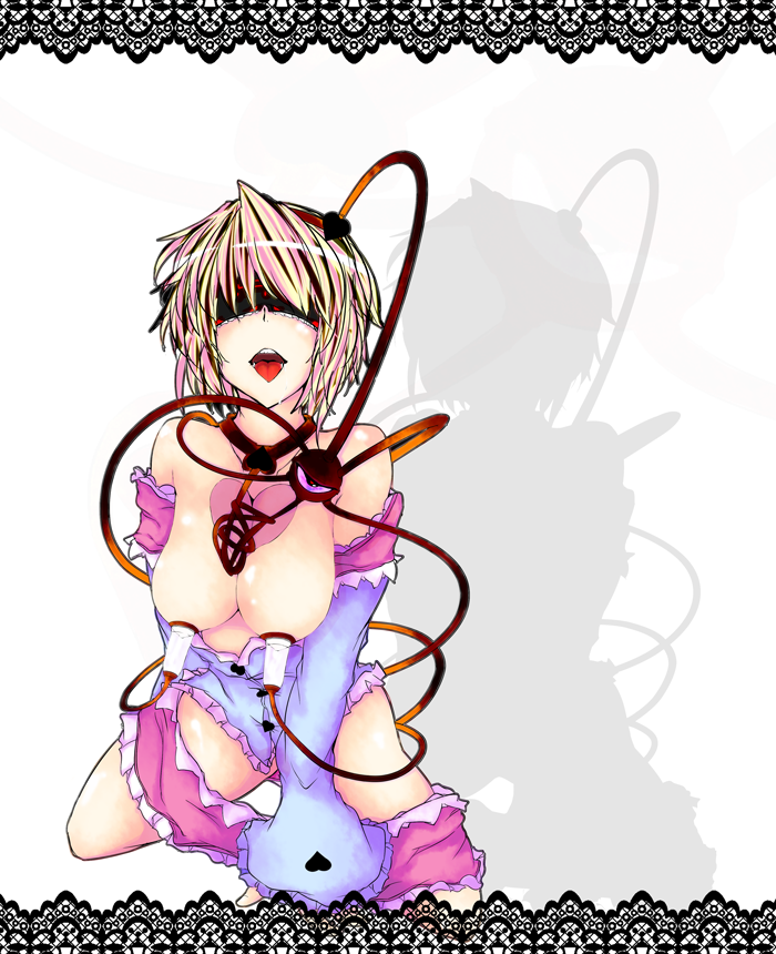 imoni, senoo arika, komeiji satori, touhou, bad id, bad pixiv id, 1girl, blindfold, breasts, female focus, kneeling, lactation, large breasts, milking machine, short hair, solo, tongue, tongue out, women livestock