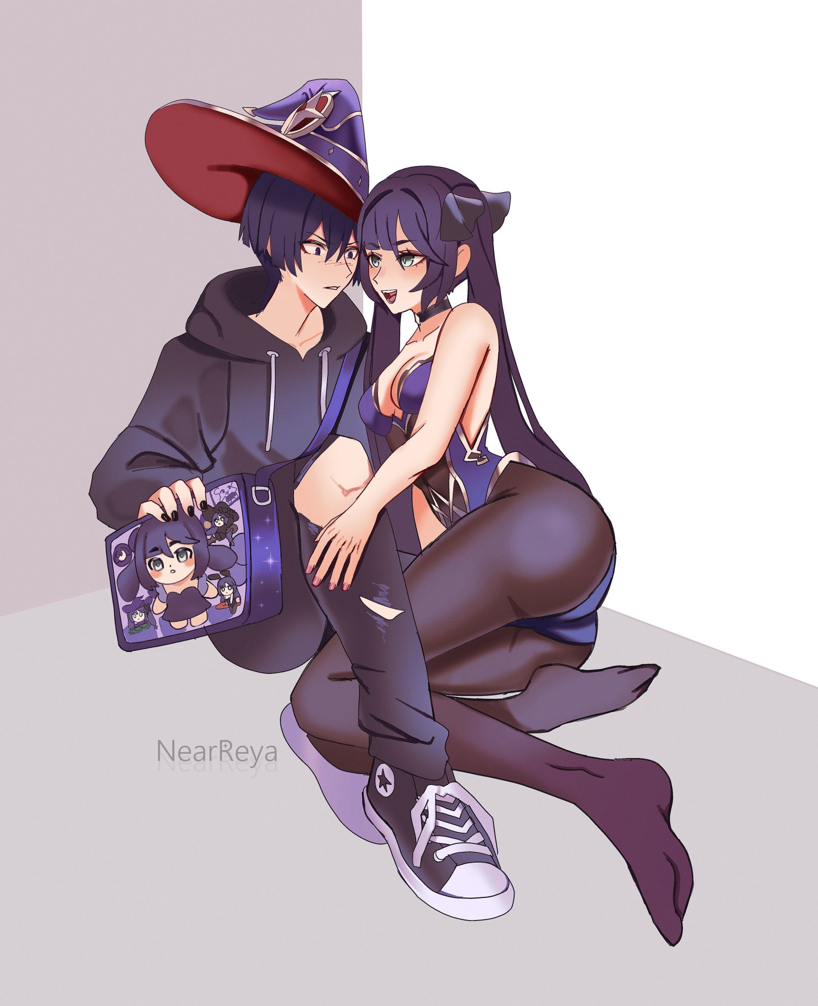 by nearreya, mona (genshin impact), scaramouche (genshin impact), genshin impact, commission, highres, second-party source, 1boy, 1girl, against wall, alternate costume, alternate headwear, aqua eyes, asymmetrical bangs, bag, bare shoulders, black bow, black choker, black hair, black hoodie, black pants, black shoes, black sleeves, blunt bangs, blunt ends, blush, bodystocking, borrowed clothes, bow, breasts, casual, character print, choker, cleavage, contemporary, crescent, crescent hat ornament, cross-laced shoes, drawstring, eyeliner, eyeshadow, gold trim, hair between eyes, hair bow, hand on another's leg, hat, hat ornament, hetero, highleg, highleg leotard, holding, holding bag, hood, hoodie, itabag, leaning on person, leotard, long hair, long sleeves, looking at another, lying, makeup, medium breasts, on side, open hand, open mouth, pants, pantyhose, parted lips, pink nails, purple eyes, purple hat, purple leotard, red eyeliner, red eyeshadow, red hat, shoes, sidelocks, sitting, sneakers, star (symbol), star choker, star hat ornament, star print, strapless, strapless leotard, swept bangs, teeth, tongue, torn clothes, torn pants, tsurime, twintails, two-sided fabric, two-sided headwear, white mouth, witch hat