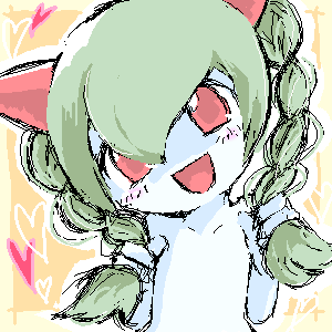 kirlia, nintendo, pokemon, lowres, non-web source, 1girl, alternate hair length, alternate hairstyle, blush, braid, costume, female focus, flat chest, gen 3 pokemon, green hair, oekaki, pokemon (creature), red eyes, smile, solo, twin braids