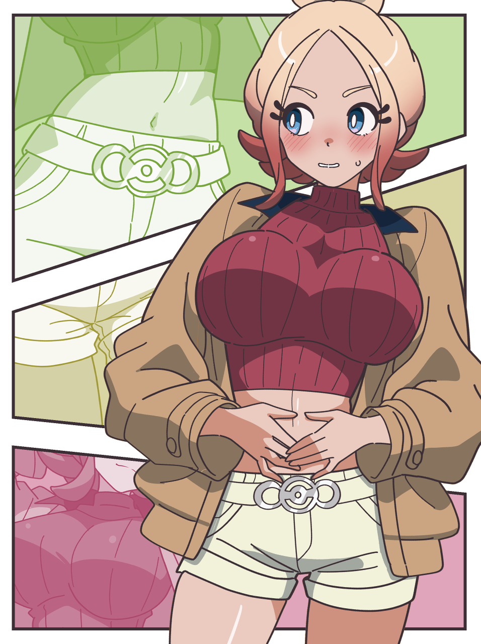 kanbei (pixiv11037490), taunie (pokemon), nintendo, pokemon, pokemon legends: z-a, commentary request, highres, 1girl, alternate breast size (larger), blue eyes, blush, breasts, brown jacket, hair bun, jacket, large breasts, long sleeves, midriff, open clothes, open jacket, pink hair, short shorts, shorts, single hair bun, sweatdrop, turtleneck, white shorts