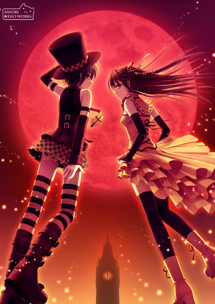 sayori (neko works), striped legwear, bad id, bad pixiv id, bare shoulders, boots, bridal gauntlets, brown eyes, brown hair, clock, detached sleeves, dress, from below, glowing, hat, long hair, looking back, looking down, moon, necktie, plaid clothes, plaid skirt, punk, short hair, skirt, sleeveless, sleeveless turtleneck, sparkle, striped clothes, striped thighhighs, thighhighs, top hat, turtleneck, wind, zettai ryouiki