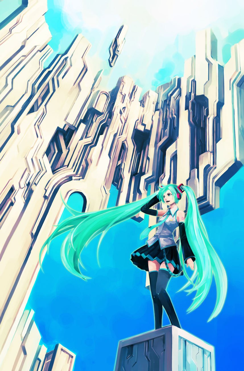hironox, hatsune miku, vocaloid, highres, 1girl, aqua hair, cube, day, female focus, hand on own head, long hair, sky, solo, twintails, very long hair