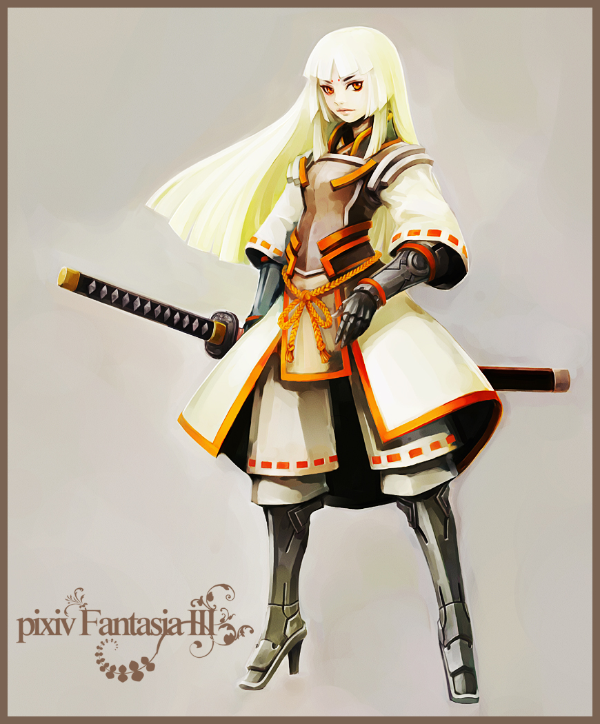 hironox, camellia (pixiv fantasia), pixiv fantasia, pixiv fantasia 3, armor, blonde hair, gigandal federation, high heels, katana, long hair, red eyes, shoes, solo, sword, weapon
