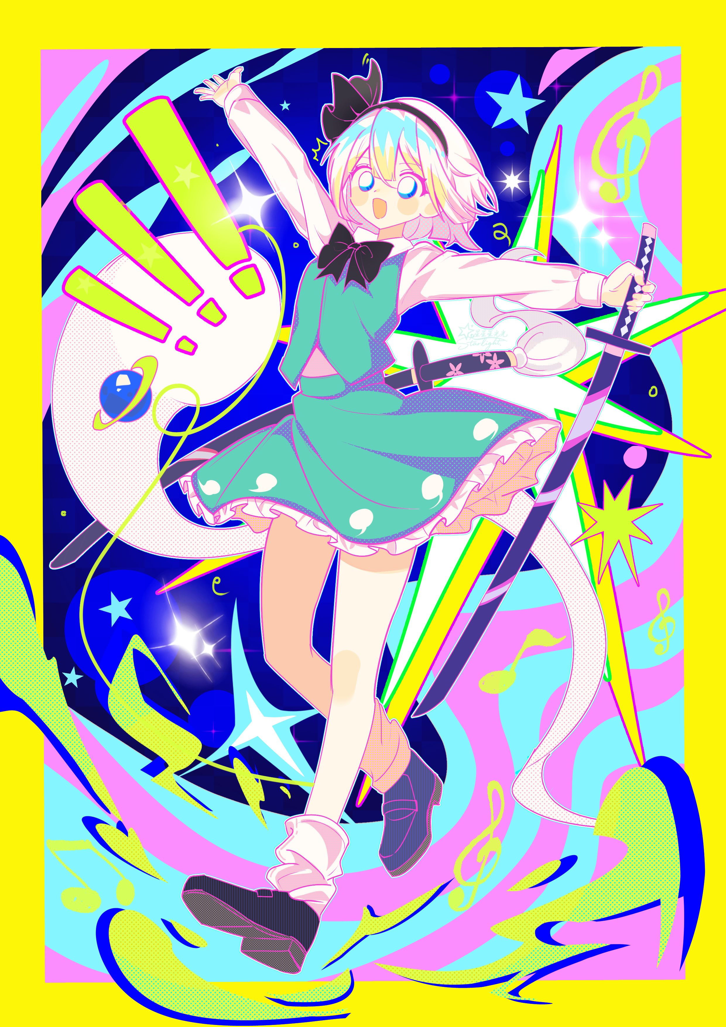 xingxingxing guangguang, konpaku youmu, touhou, absurdres, highres, 1girl, black bow, black bowtie, black hairband, blue eyes, blush, bow, bowtie, ghost, green skirt, green vest, grey hair, hair ribbon, hairband, hitodama, hitodama print, katana, open mouth, ribbon, scabbard, sheath, sheathed, shirt, short hair, skirt, skirt set, solo, sword, vest, wakizashi, weapon, white hair
