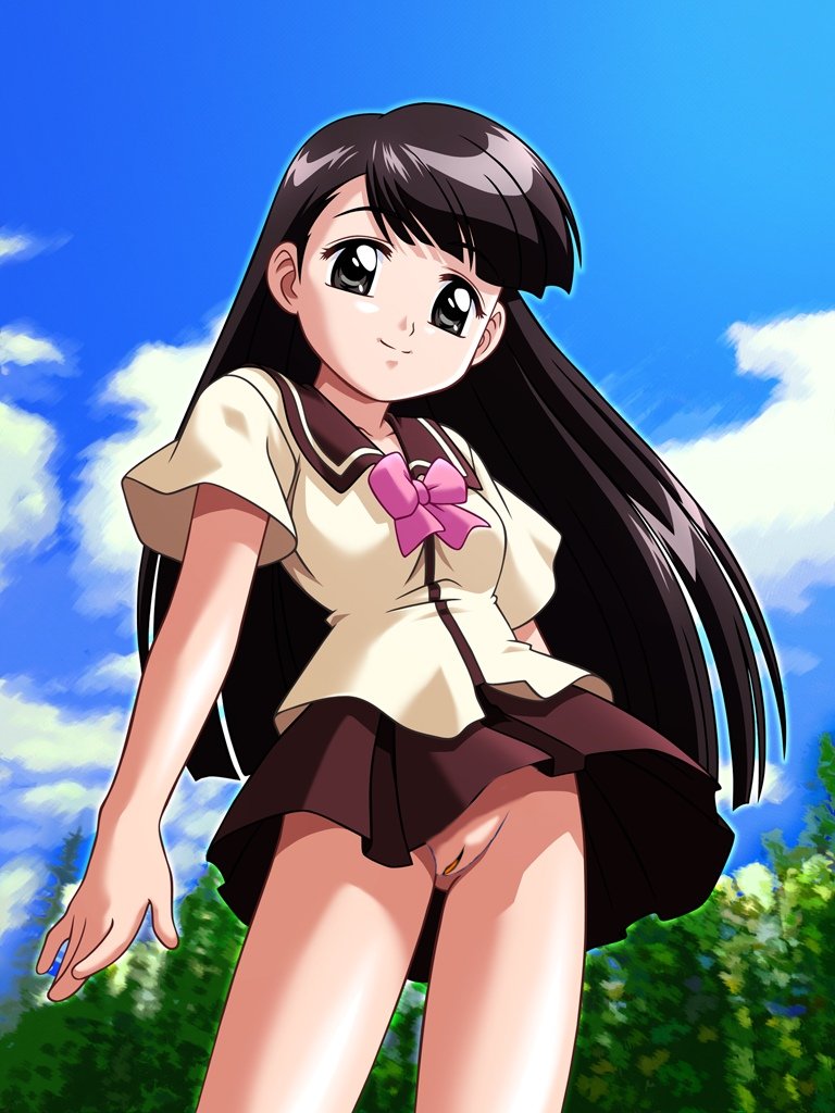 todoriki rin, mahoromatic, 1girl, black hair, brown eyes, cloud, female focus, long hair, no panties, outdoors, plant, pussy, school uniform, sky, smile, solo, standing, uncensored
