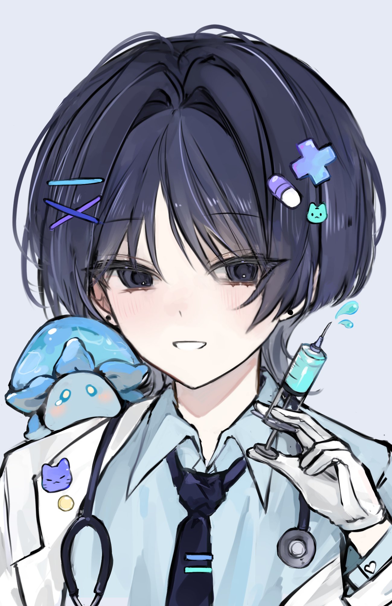 gimmunyag, fungi (genshin impact), scaramouche (genshin impact), genshin impact, highres, 1boy, alternate costume, black eyes, black hair, black necktie, blue collar, blue shirt, blunt ends, blush, cat hair ornament, cat ornament, choppy bangs, coat, collar, collared shirt, contemporary, creature, creature on shoulder, doctor, earrings, gloves, hair intakes, hair ornament, hairclip, hand up, holding, holding syringe, jewelry, lapels, large syringe, male focus, multicolored hair, necktie, on shoulder, open clothes, open coat, open mouth, oversized object, pill hair ornament, portrait, purple hair, shirt, single off shoulder, solo, stethoscope, stethoscope around neck, streaked hair, syringe, undershirt, white coat, white gloves, white mouth, x hair ornament