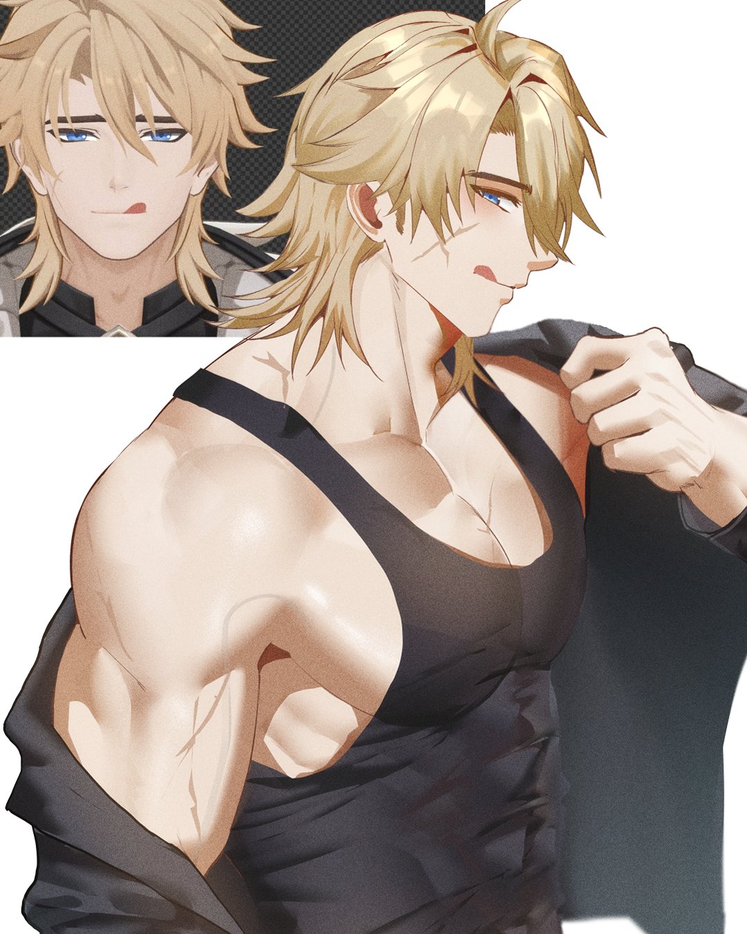 kaon7lv, varka (genshin impact), genshin impact, hashtag-only commentary, highres, 1boy, :q, black tank top, blonde hair, blue eyes, closed mouth, collarbone, covered abs, covered pectorals, facial scar, hair between eyes, looking at viewer, male focus, medium hair, muscular, muscular male, pectorals, reference inset, scar, scar on cheek, scar on face, sidepec, simple background, single off shoulder, tank top, tongue, tongue out, white background