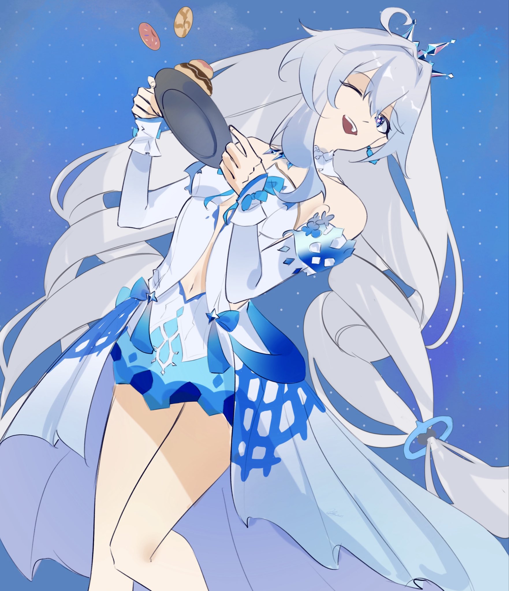 kiana kaslana, honkai (series), honkai impact 3rd, hashtag-only commentary, highres, 1girl, ahoge, bow, detached collar, detached sleeves, dress, drill hair, food, kiana kaslana (wintery wishes), long hair, navel, one eye closed, plate, ribbon, sehelnn, symbol-shaped pupils, teeth, tiara, upper teeth only, very long hair, white hair