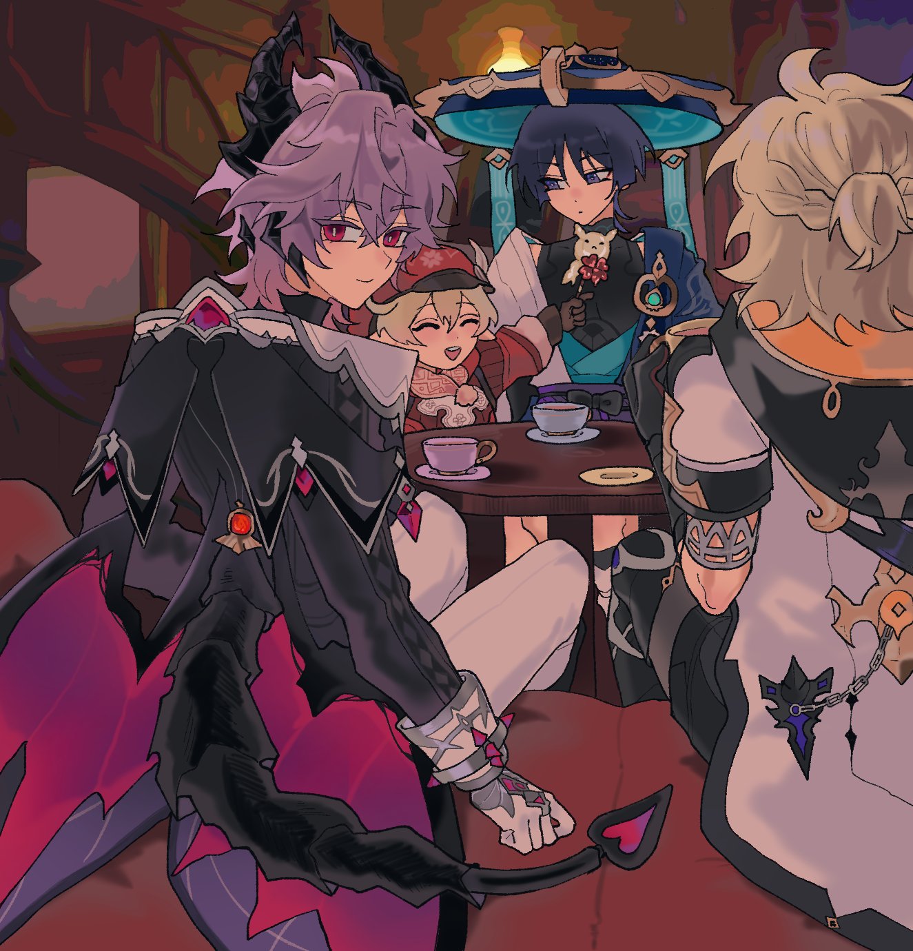 molaning, albedo (genshin impact), dodoco (genshin impact), klee (genshin impact), mini durin (genshin impact), mini durin (human) (genshin impact), scaramouche (genshin impact), wanderer (genshin impact), genshin impact, highres, 1girl, 3boys, black bodysuit, black bow, black coat, black gloves, black hair, black hood, black horns, black pants, black sleeves, black tail, blonde hair, blue cape, blue hat, blue kimono, blunt ends, bodysuit, bow, braid, bright pupils, brown gloves, cape, character-themed food, closed eyes, closed mouth, coat, collar, couch, covered collarbone, cup, dragon horns, dragon tail, dragon wings, dress, facing another, feathers, gem, gloves, gold, half up braid, hat, hat feather, heart, heart tail, hood, hood down, horns, indoors, japanese clothes, jingasa, juban, kimono, long sleeves, looking at another, looking at viewer, looking back, mandarin collar, multiple boys, newsboy cap, open clothes, open kimono, open mouth, outstretched arm, pants, pink hair, plate, pom pom (clothes), puffy sleeves, purple eyes, purple rope, purple sash, pyro symbol (genshin impact), red dress, red eyes, red gemstone, red hat, red scarf, red sleeves, red wings, rope, sash, scarf, short sleeves, shoulder peek, sitting, slit pupils, smile, table, tail, teacup, teeth, tsurime, upper teeth only, vision (genshin impact), wall lamp, white coat, white collar, white feathers, white gloves, white kimono, white pants, white pupils, white sleeves, wings, wooden table