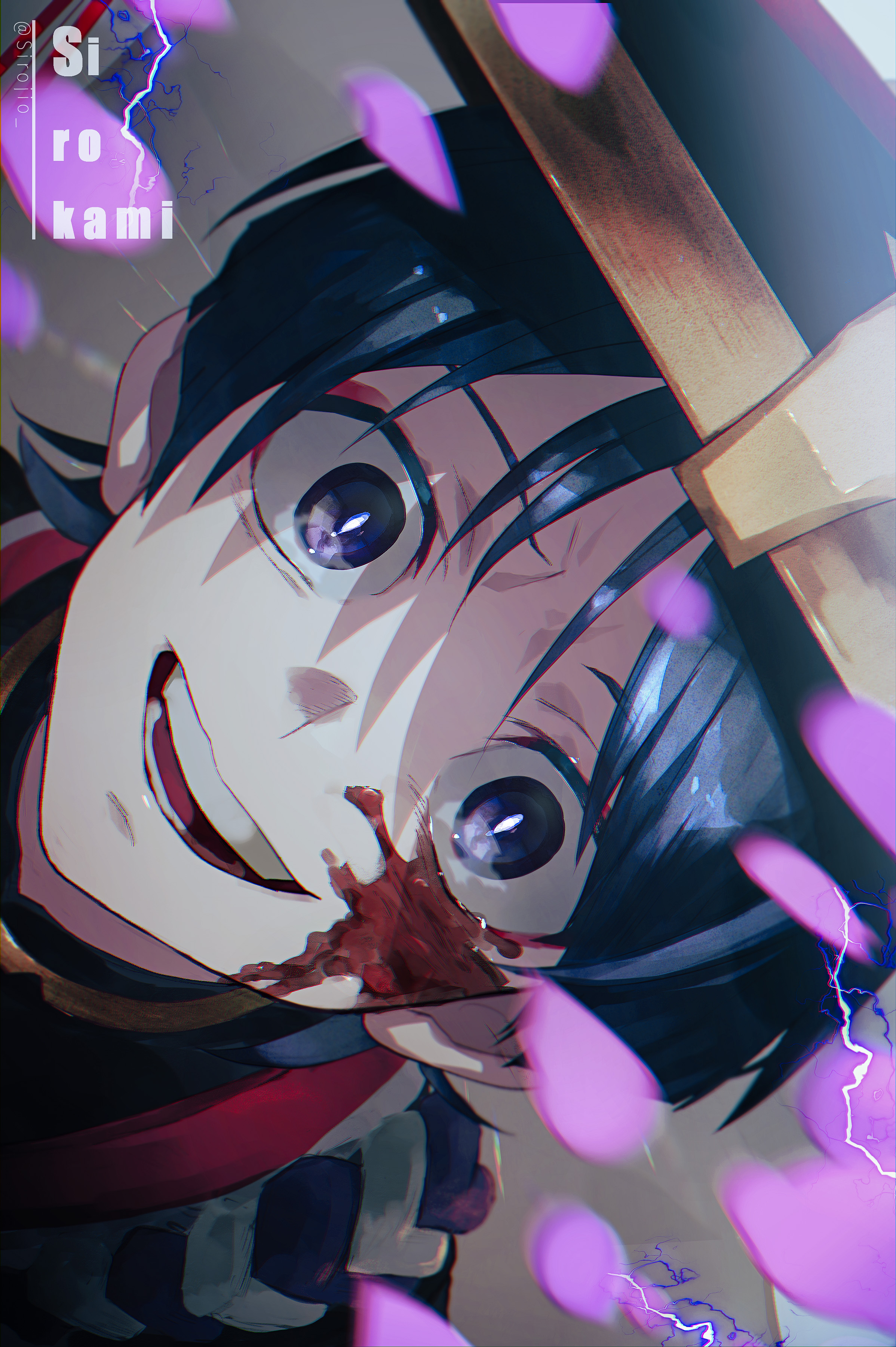 tsurumiya kenga tsurumasa, raiden shogun, scaramouche (genshin impact), genshin impact, absurdres, commentary request, highres, 1boy, 1girl, alternate costume, artist name, black eyes, black hair, blood, blood on face, blurry, blurry foreground, crazy smile, dutch angle, electricity, eye reflection, falling petals, from above, hat, japanese clothes, looking at viewer, looking up, male focus, motion blur, open mouth, petals, portrait, purple eyes, reflection, short hair, smile, staring, teeth, tongue, twitter username, wide-eyed