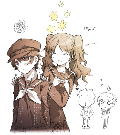 h2so4, kujikawa rise, kuma (persona 4), shirogane naoto, tatsumi kanji, atlus, persona, persona 4, 2boys, 2girls, androgynous, closed eyes, hat, multiple boys, multiple girls, newsboy cap, reverse trap, school uniform