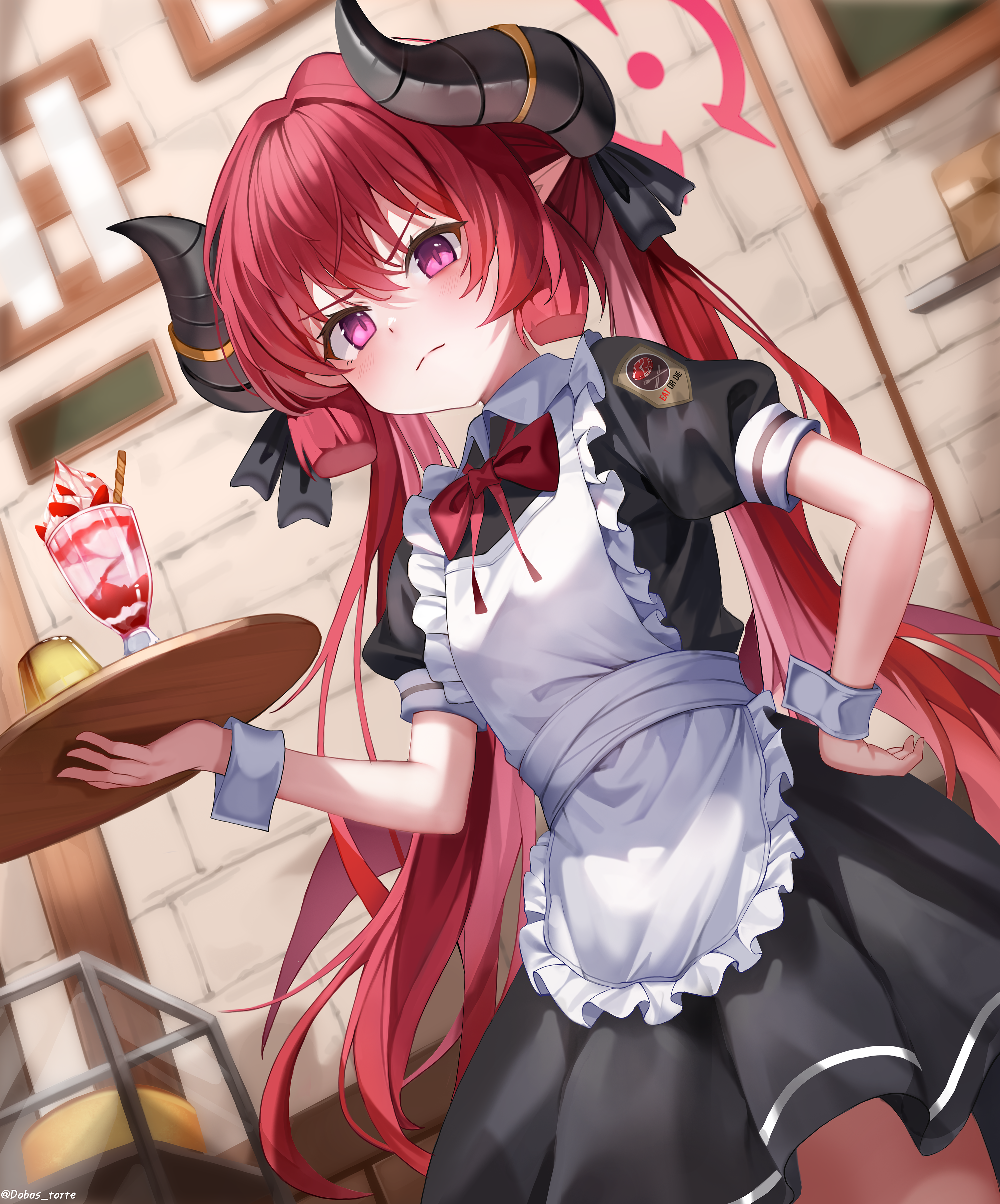 dobostorte, junko (blue archive), blue archive, absurdres, commentary, highres, >:(, 1girl, alternate costume, apron, black bow, black dress, black horns, blunt bangs, blush, bow, bowtie, closed mouth, cowboy shot, curved horns, demon girl, demon horns, dress, dutch angle, enmaided, frilled apron, frills, from below, frown, hair between eyes, hair bow, hair intakes, halo, hand on own hip, holding, holding tray, horns, indoors, long hair, looking at viewer, maid, maid apron, pointy ears, puffy short sleeves, puffy sleeves, purple eyes, red bow, red bowtie, red hair, red halo, short sleeves, sidelocks, slit pupils, solo, split mouth, tray, twintails, twitter username, v-shaped eyebrows, very long hair, white apron, white wrist cuffs, wrist cuffs