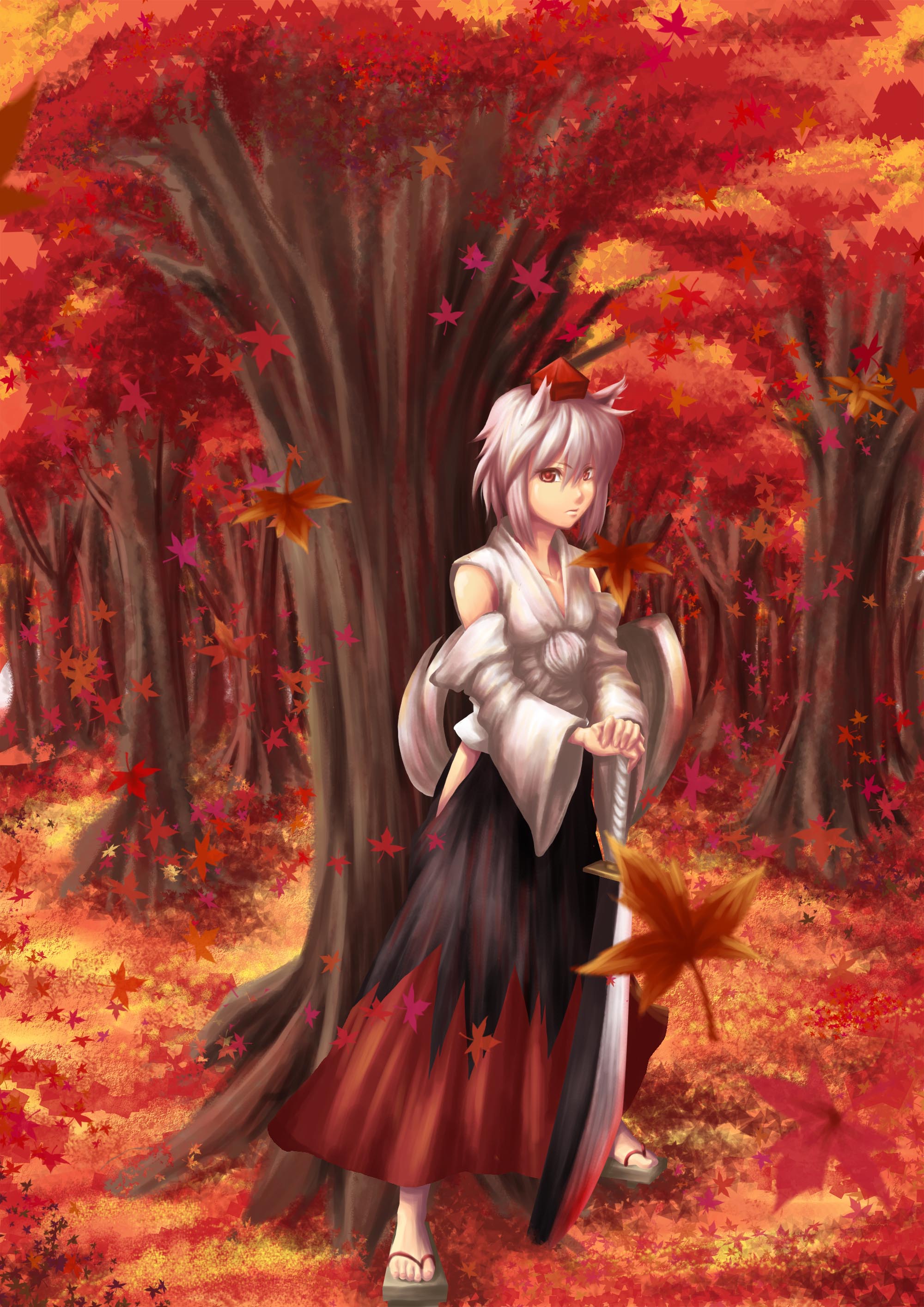 scotch (artist), scotch (blaze), scottie (phantom2), inubashiri momiji, touhou, absurdres, bad id, bad pixiv id, highres, 1girl, animal ears, autumn, detached sleeves, female focus, forest, geta, grass, hat, japanese clothes, leaf, nature, red eyes, short hair, solo, sword, tail, tokin hat, tree, weapon, white hair, wolf ears, wolf tail