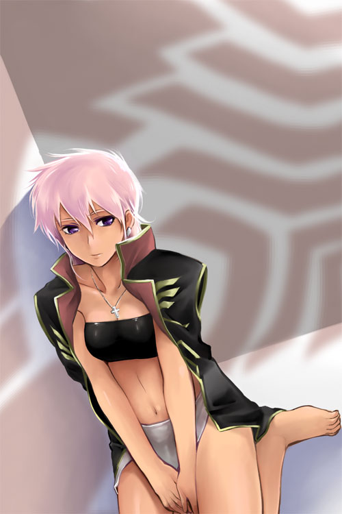 rakuto mangan, illia pazom, gundam, gundam zz, bad id, bad pixiv id, 1girl, bandeau, barefoot, cross, earrings, female focus, jacket, jacket on shoulders, jewelry, midriff, necklace, pink eyes, pink hair, short hair, solo, strapless, tube top