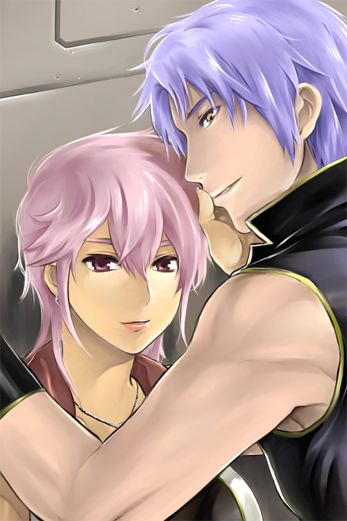 rakuto mangan, illia pazom, mashymre cello, gundam, gundam zz, bad id, bad pixiv id, 1boy, 1girl, couple, hetero, jewelry, necklace, pink eyes, pink hair, short hair
