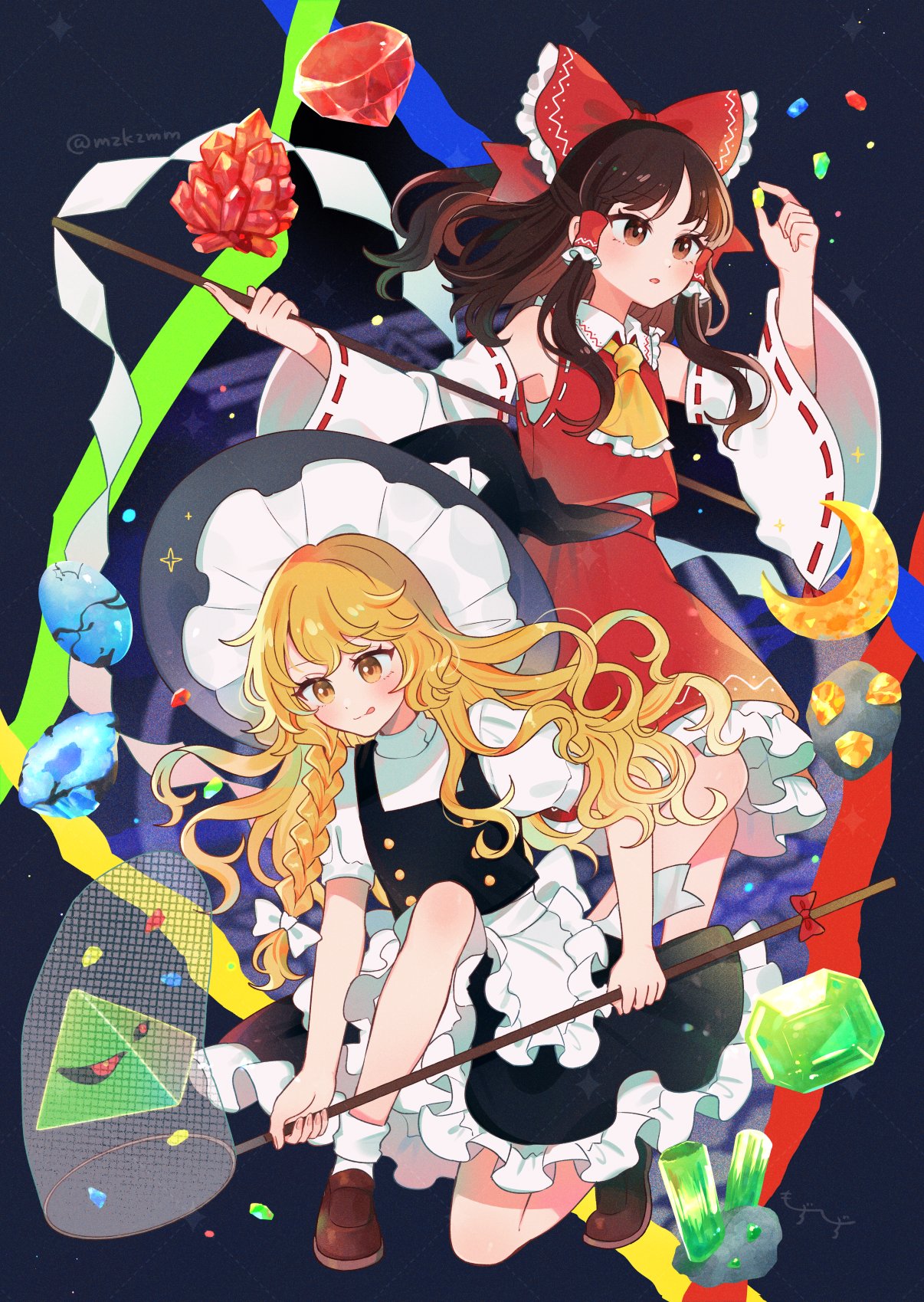 mozukuzu (manukedori), hakurei reimu, kirisame marisa, touhou, highres, 2girls, apron, ascot, blonde hair, bow, braid, broom, broom riding, colorful background, crystal, detached sleeves, dynamic pose, frilled bow, frilled hair tubes, frills, gohei, hair bow, hair tubes, hat, hat bow, holding, holding gohei, mini-hakkero, multiple girls, nontraditional miko, red bow, red skirt, ribbon-trimmed sleeves, ribbon trim, side braid, single braid, skirt, skirt set, waist apron, wand, white bow, witch hat, yellow ascot