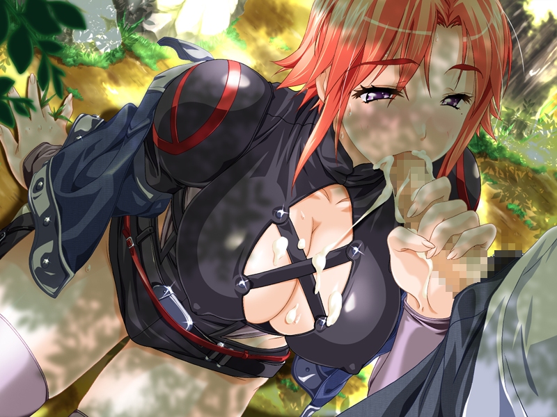 skyhouse, komine natsuko, one boku, 1girl, breasts, censored, cum, cum in mouth, cum on body, cum on breasts, cum on upper body, day, fellatio, handjob, hetero, large breasts, mosaic censoring, ninja, nipples, oral, outdoors, penis, purple eyes, red hair, saliva, sitting, solo focus, sweat, thighhighs, tree