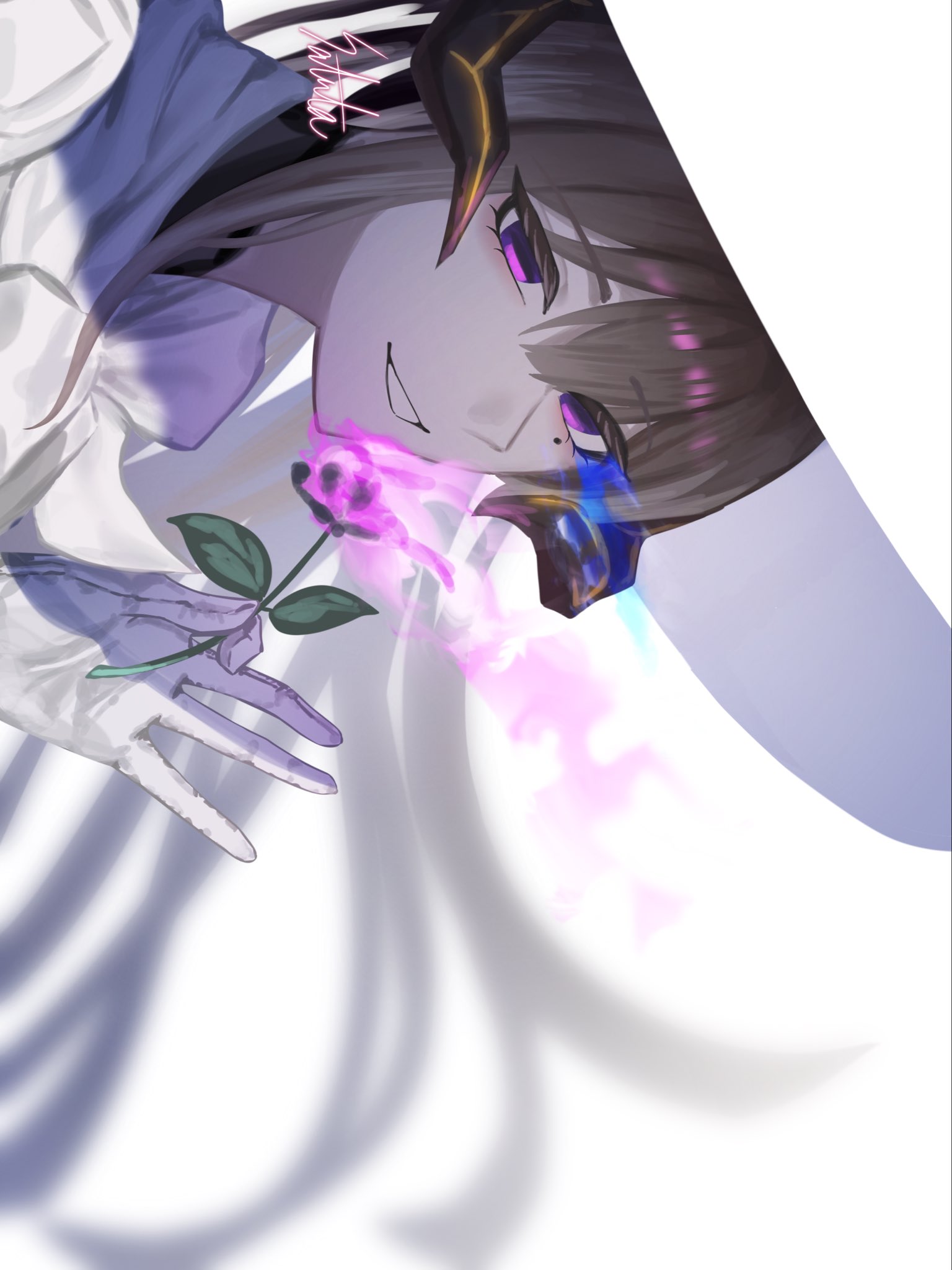 constance (honkai: star rail), honkai: star rail, honkai (series), commentary request, highres, 1girl, flower, gloves, hat, holding, holding flower, mole, mole under eye, purple eyes, satsuta3, smile, solo, upper body, white gloves, white hat