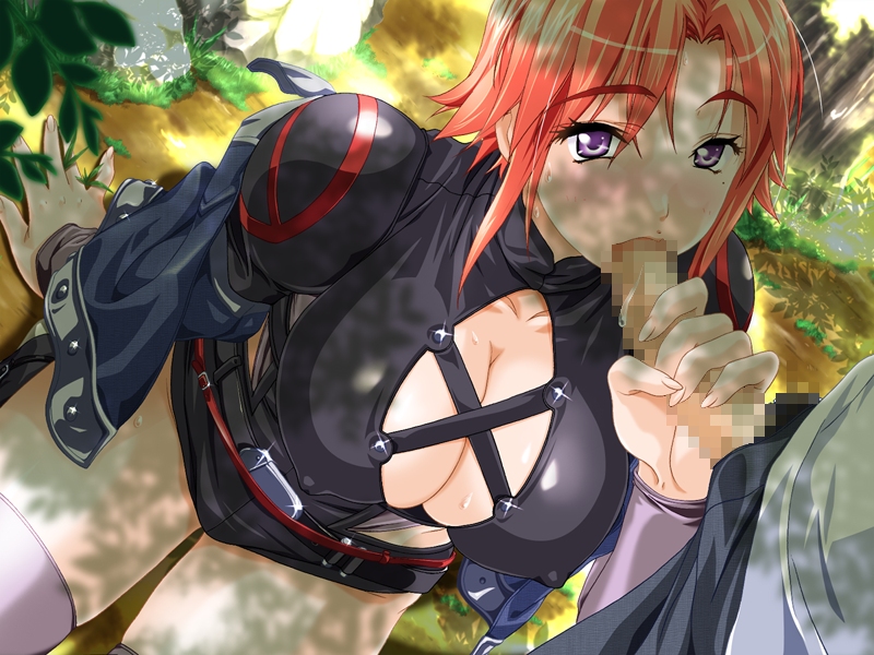 skyhouse, komine natsuko, one boku, 1girl, breasts, censored, cleavage, cleavage cutout, clothing cutout, day, fellatio, handjob, hetero, large breasts, mole, mosaic censoring, ninja, nipples, oral, orange hair, outdoors, penis, purple eyes, red hair, saliva, sitting, solo focus, sweat, thighhighs, tree