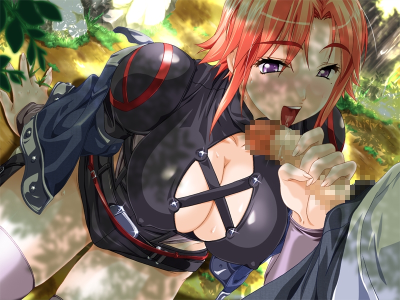 skyhouse, komine natsuko, one boku, 1girl, breasts, censored, handjob, hetero, large breasts, licking, mosaic censoring, ninja, nipples, open mouth, outdoors, penis, purple eyes, red hair, saliva, sitting, solo focus, sweat, thighhighs