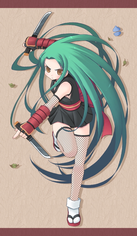 amamiya minato, tsuruya, suzumiya haruhi no yuuutsu, bad id, bad pixiv id, 00s, brown eyes, fishnet thighhighs, fishnets, green hair, long hair, ninja, solo, tabi, thighhighs, very long hair