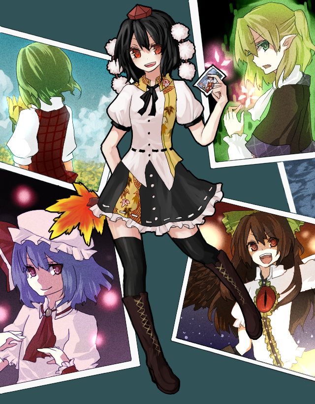 kame, hakurei reimu, kazami yuuka, mizuhashi parsee, reiuji utsuho, remilia scarlet, shameimaru aya, touhou, bad id, bad pixiv id, 6+girls, black hair, black thighhighs, black wings, blonde hair, blue hair, boots, female focus, flower, green eyes, green hair, half updo, hat, knee boots, long hair, multiple girls, photo (object), plaid clothes, plaid vest, pointy ears, red eyes, scarf, short hair, skirt, sunflower, thighhighs, tokin hat, vest, wings