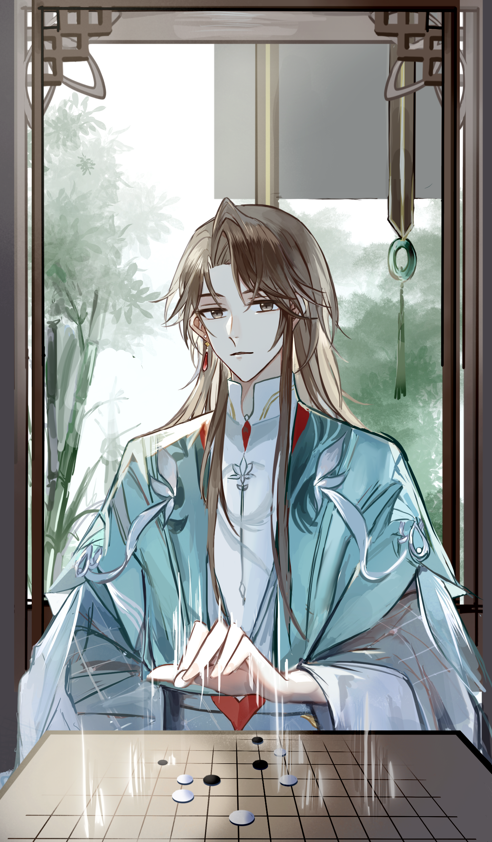 hua yi shanxin zhiyue, absurdres, chinese commentary, highres, 1boy, aqua coat, arm behind back, bamboo, bamboo screen, between fingers, board game, brown eyes, brown hair, chinese clothes, cnderg, coat, curtained hair, daxiushan, day, earrings, gem, go (board game), hand up, hanfu, holding, holding go stone, hua chen, indoors, jewelry, lattice, layered sleeves, long hair, long sleeves, male focus, motion lines, parted lips, red gemstone, robe, single earring, smile, solo, swept bangs, upper body, white robe, wide sleeves
