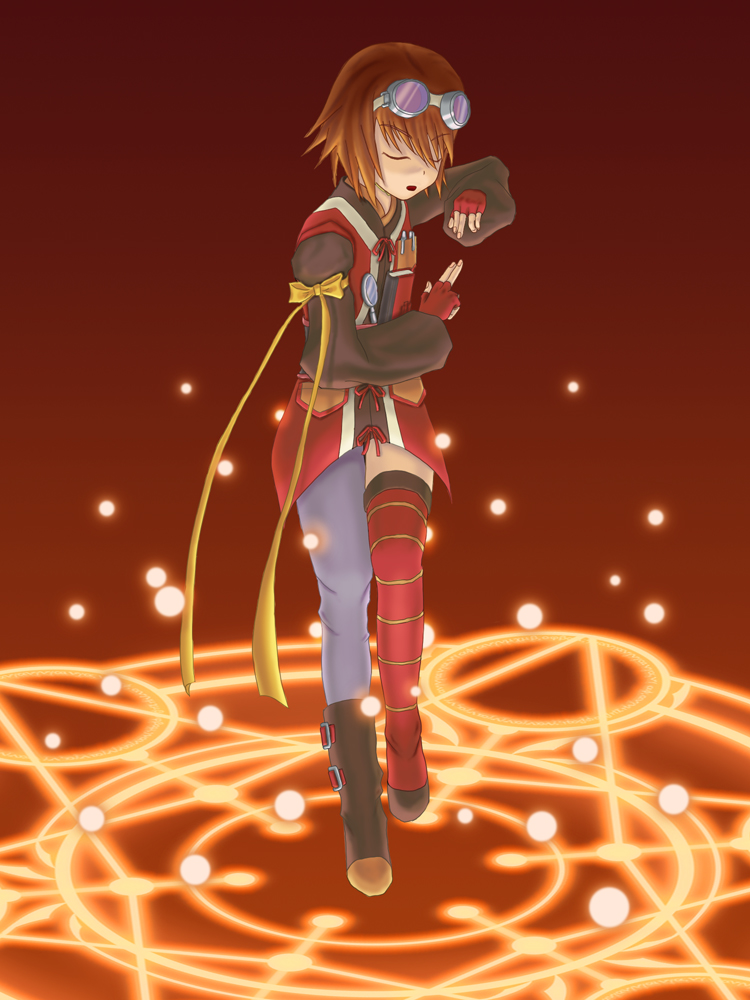 hero (pixiv), hiiro (midori no kakera), rita mordio, tales of (series), tales of vesperia, 00s, 1girl, asymmetrical clothes, brown hair, female focus, goggles, hexagram, magic circle, orange background, pantyhose, ribbon, runes, short hair, single leg pantyhose, solo, standing, standing on magic circle, thighhighs