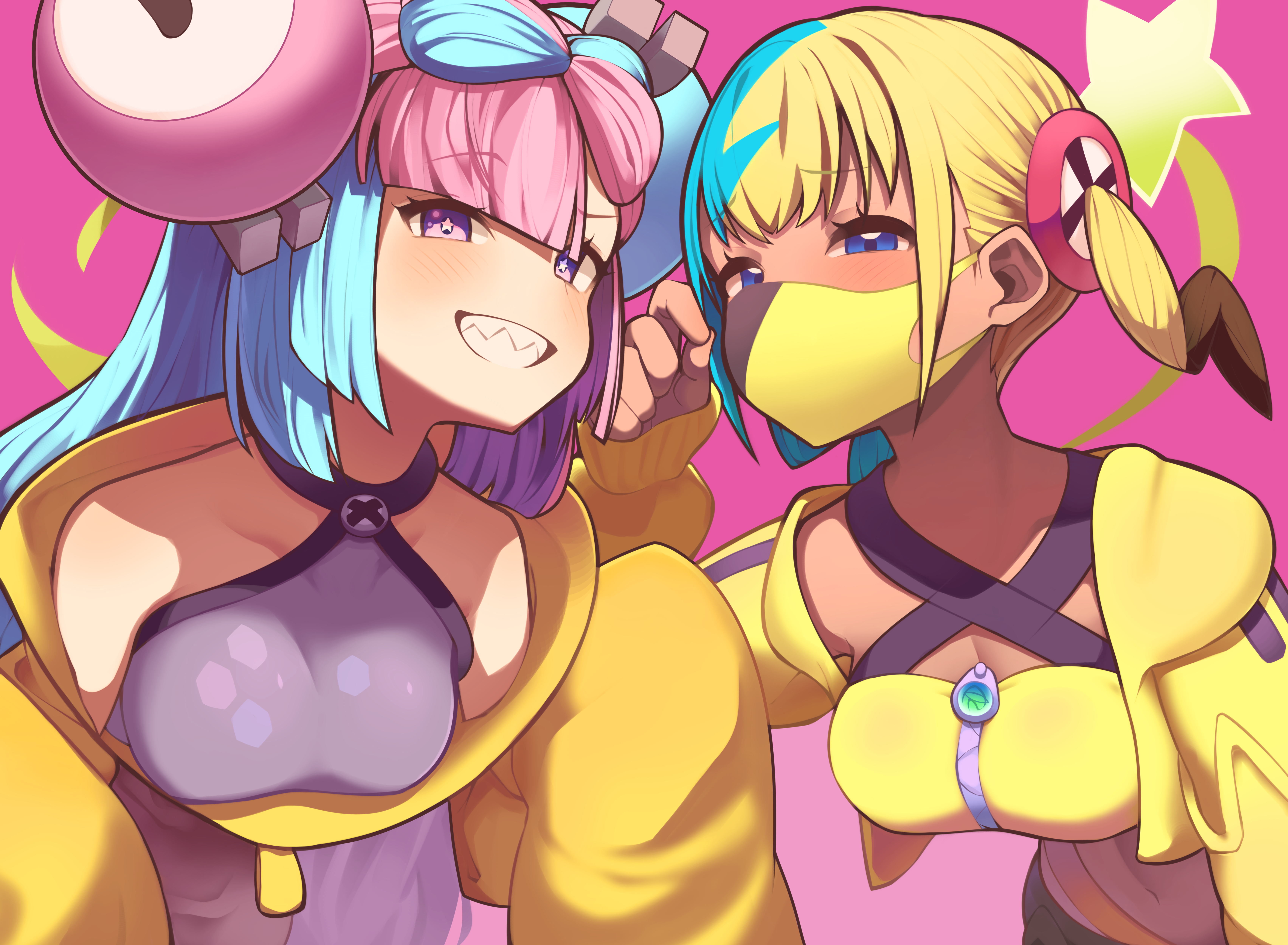 wanawanya, canari (pokemon), iono (pokemon), nintendo, pokemon, pokemon legends: z-a, pokemon sv, absurdres, commentary request, highres, 2girls, blue eyes, bow-shaped hair, breasts, character hair ornament, collarbone, eyelashes, grey shirt, grin, hair ornament, hand up, jacket, mask, medium breasts, mouth mask, multicolored hair, multiple girls, purple eyes, shirt, short twintails, sleeveless, sleeveless shirt, sleeves past wrists, smile, star (symbol), star in eye, symbol in eye, teeth, twintails, two-tone hair, yellow jacket