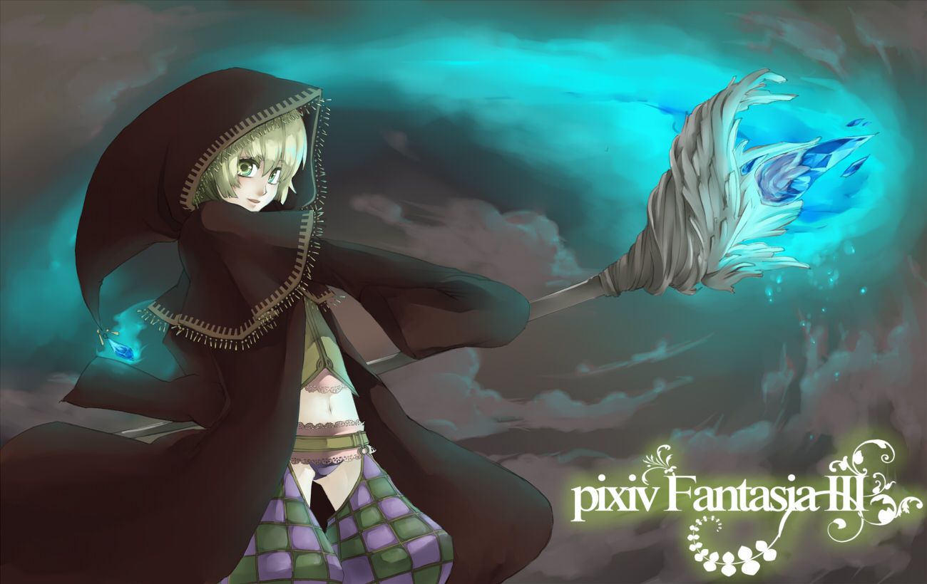 chito04, pixiv fantasia, pixiv fantasia 3, bad id, bad pixiv id, blonde hair, green eyes, hood, navel, night, panties, robe, short hair, solo, staff, underwear
