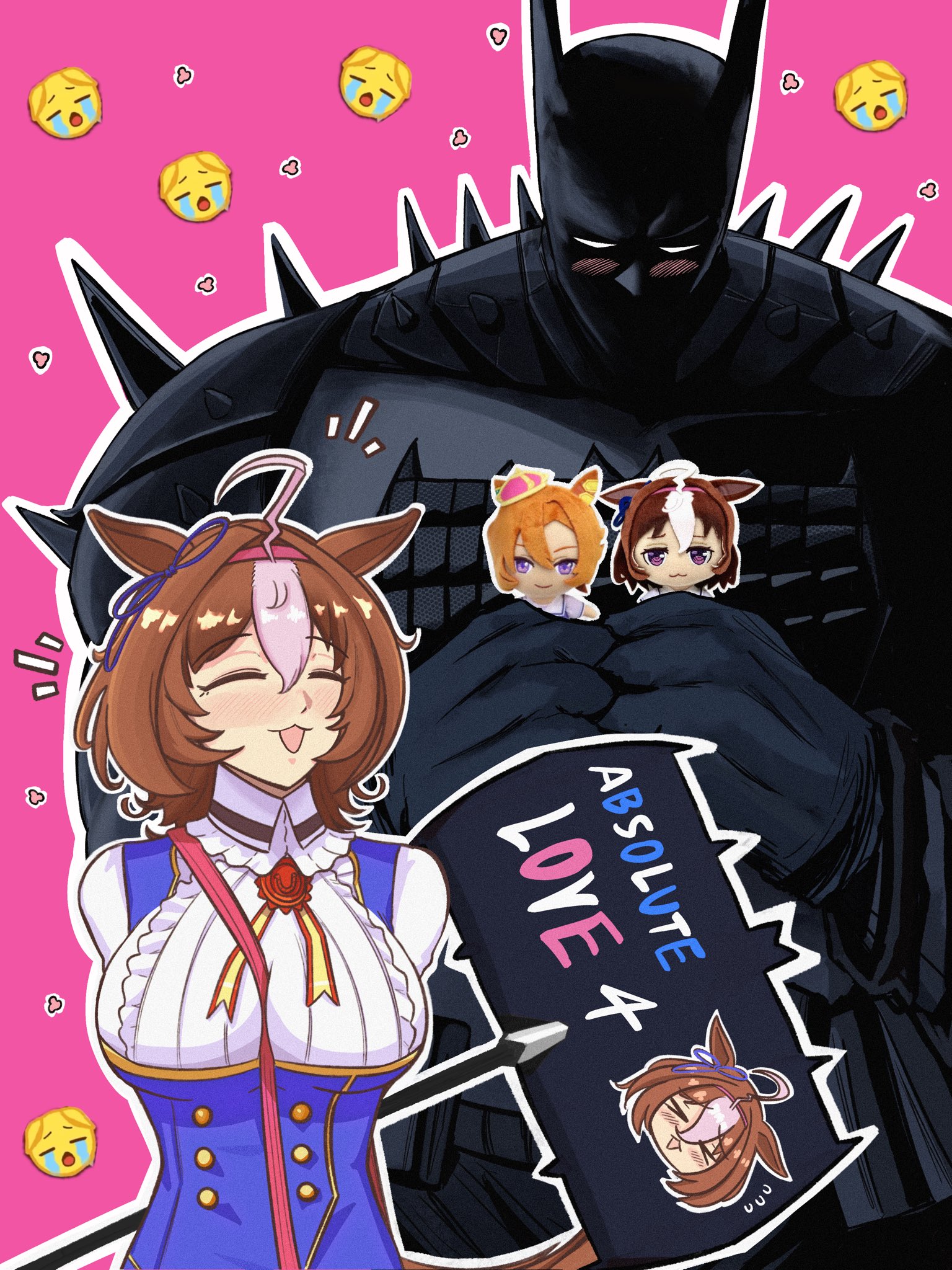 johnholl0w, batman, meisho doto (umamusume), t.m. opera o (umamusume), absolute batman, absolute dc, dc comics, umamusume, highres, 1boy, 1girl, ahoge, animal ears, between breasts, blue dress, blush, bodysuit, bow, breasts, brown hair, cape, character doll, closed eyes, cowl, crossover, crown, doll, double-parted bangs, dress, ear ribbon, emoticon, gloves, hair between eyes, hairband, headband, holding, holding doll, holding sign, horse ears, horse girl, large breasts, long sleeves, mask, medium hair, meisho doto (turbulent blue) (umamusume), mini crown, multicolored hair, open mouth, orange hair, pink background, pink crown, pink hairband, pink headband, purple eyes, purple shirt, sailor collar, sailor shirt, school uniform, shirt, short hair, sign, smile, strap between breasts, superhero costume, tracen school uniform, two-tone hair, white dress, white hair, white sailor collar